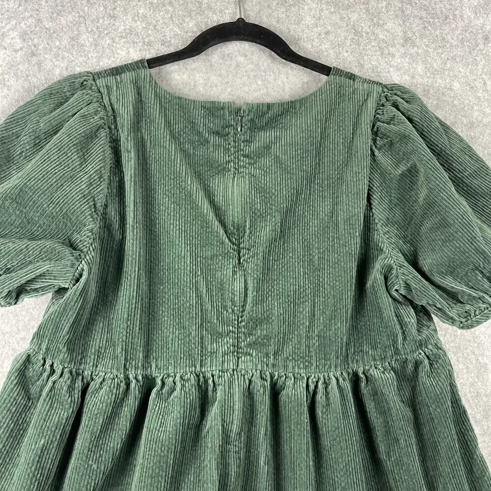 Madewell Corduroy Aidy Dress Womens 10 Green Square Neck Tiered Babydoll Holiday - Picture 11 of 14